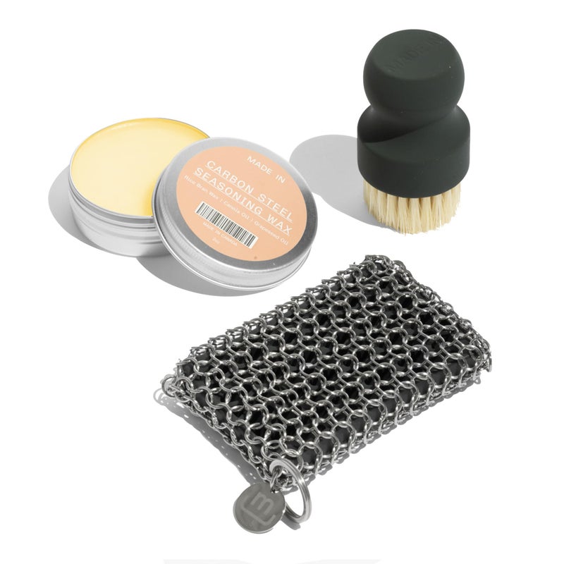 Madein Made In Cookware - 3-Piece Carbon Steel Cleaning Set - Includes Chain Mail Scrubber, Cleaning Brush and Carbon Steel Seasoning Wax - Image 1